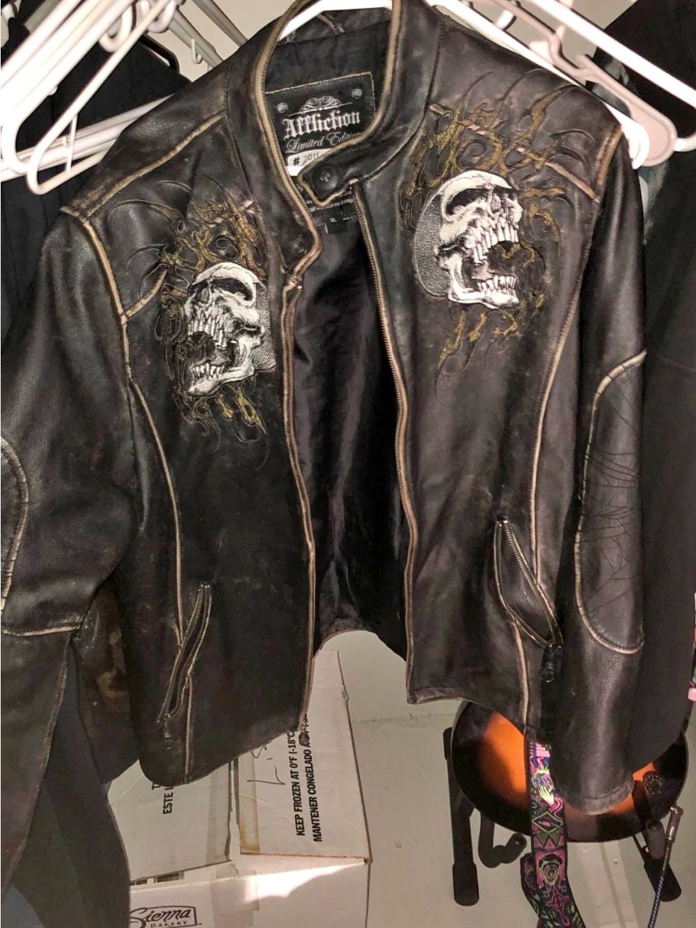 Affliction Black Leather Jacket w/White Skull Limited Edition .Only 2800 Made
